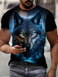 Mens 3D Wolf Print T-Shirt Casual Round Neck Short Sleeve Shirt Breathable and Comfortable Fabric Mens Street Outdoor Clothing