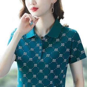 เสื้อสตรีแขนสั้นคอปกลายดอกไม้สีชมพูไซส์พิเศษเสื้อโปโลกีฬาทันสมัยเสื้อผู้หญิงอ้วน100กก. ทรงหลวมและบางสไตล์เกาหลี