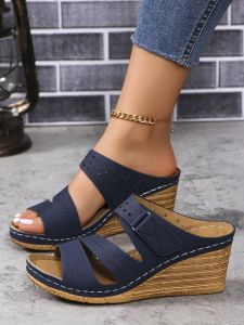 [Free Shipping] Thick-Soled Round-Toe One-Strap Slip-On New Summer Wedge-Heeled Plus-Size WomenS Fashion Sandals Size 43