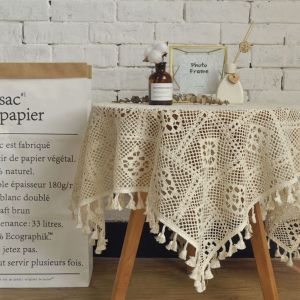 CEMOMEF Vintage Beige Crochet Lace Coffee Table with Tassel Home Decoration Table Cover Tablecloth Picnic Cloth