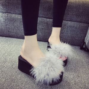 [Free Shipping] 2026 Summer WomenS Handmade Ostrich Feather Soft Sole Slippers Thick-Soled One-Strap Sandals Wedge Heel Beach Slippers For Outdoor Wear