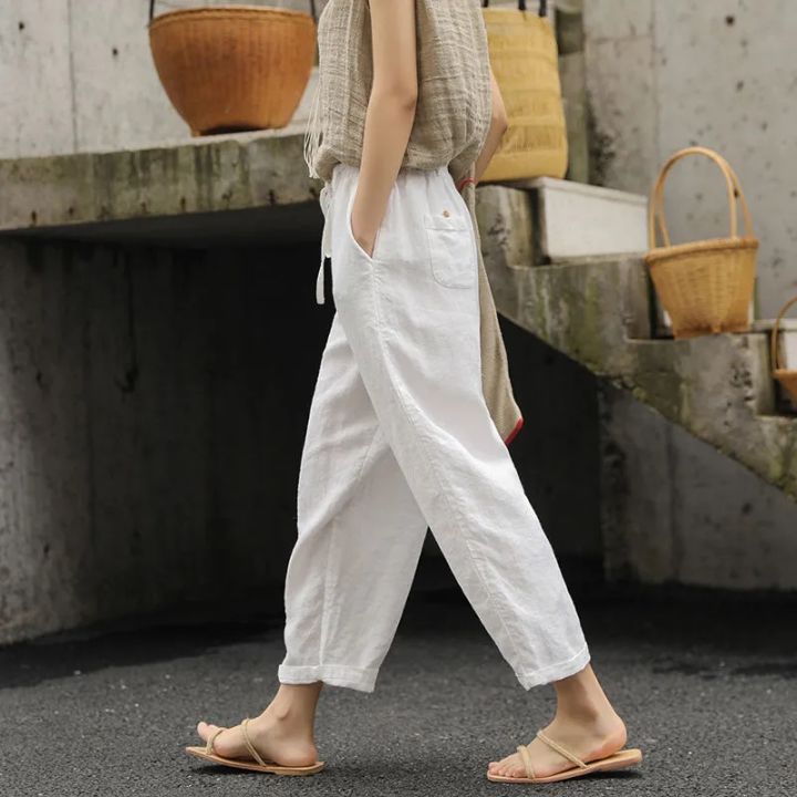 Japanese Summer Ladies Linen Loose Retro Trousers Elastic Waist