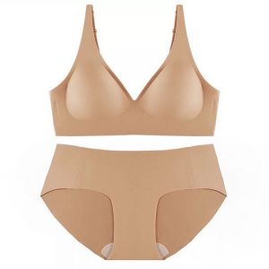 ❤OK Bra❤ Plus Size Women Black Tech Rubber Strip Soft Support Jelly Bra Without Steel Ring And Seamless Panty Set