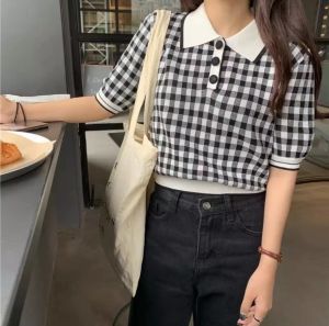 Fashion korean elegant knitted blouse for women formal knitted polo tops for women plaid school short sleeve crop tops tshirts tee women