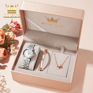 OLEVS resmi Autentik merek jam tangan wanita elegan cewek terbaru 2024 anti air asli import mewah rantai original aesthetic korea Mode Santai kalender berlian bercahaya Jam tangan kuarsa tali jam baja tahan karat set kalung gelang hadiah untuk pacar cewek