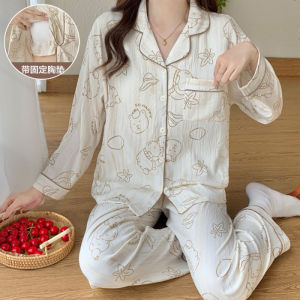 Padded Terno Pajama for Woman M-6XL Plus Size Pajamas Set Autumn Winter Long Sleeves Sleepwear Women Cartoon Cute With chest pad Home wear