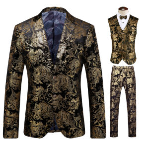 GUKENRO 3PCS Male Suits Set Glitter Gold Flower Pattern Blazer Club Slim Fit Party Stage Host Korean Gilt Evening Formal Tuxedo For Men