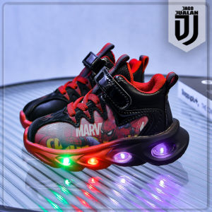 Sepatu Lampu LED HERO Anak usia 1 2 3 4 5 6 tahun / Sepatu Sneakers Tali Perekat Anak  Laki Laki Motif Superhero / Sepatu MENYALA Anak Balita Cowok Fashion Sporty / Sepatu Casual Anak Pria Sol Menyala Motif Hero Avangers / Sepatu Running Anak LED Trendy