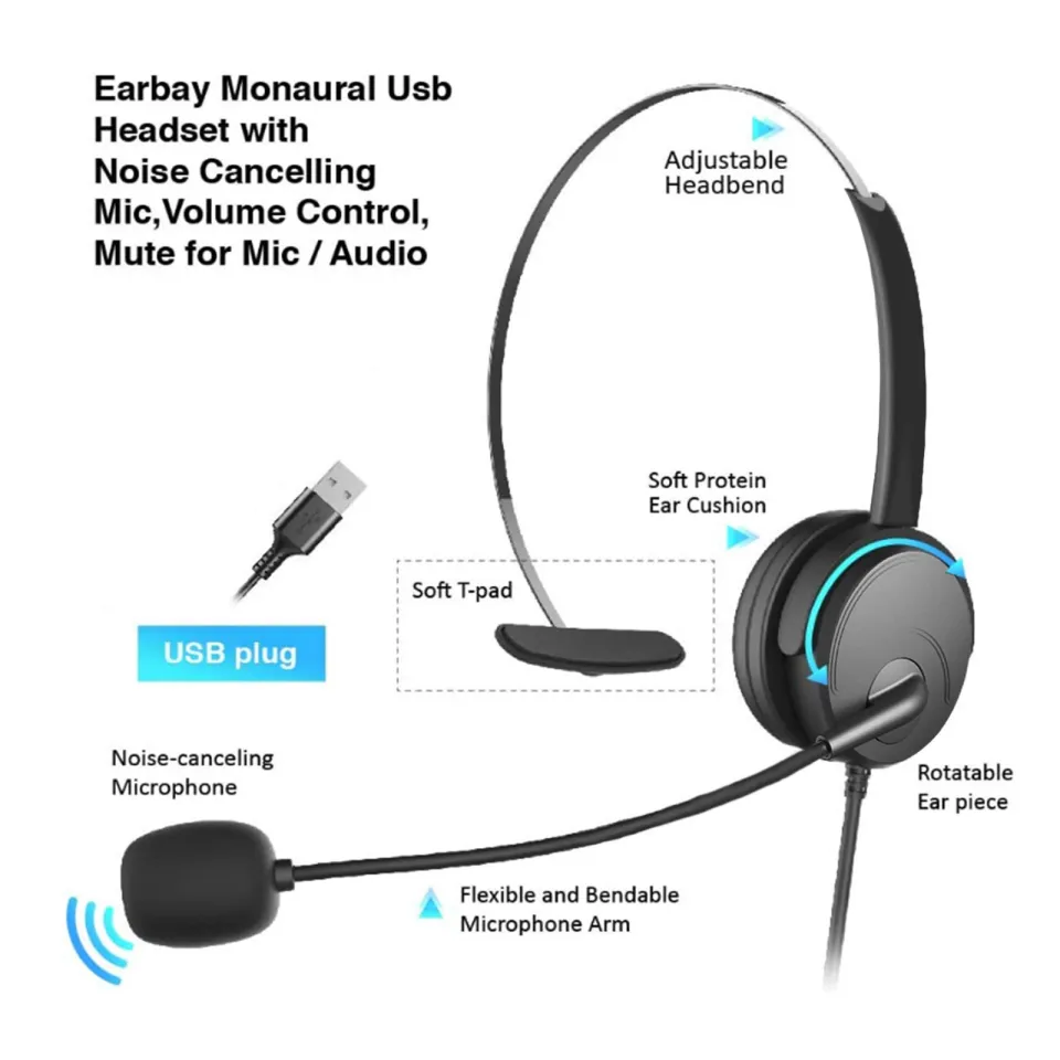 OY131 Single Ear Headset USB Headphones Head-mounted Computer Headphone for  Right/Left Ear Call Center Headsets with in-Cord Volume Control