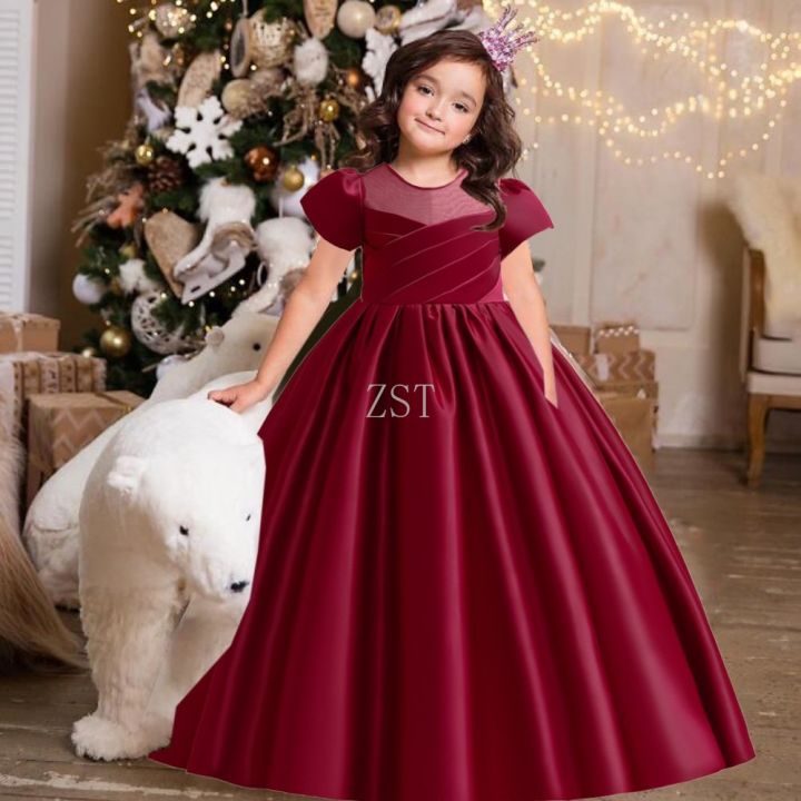 Formal Satin White Bridesmaid Princess Girl Dress Short Sleeve Birthday  Party Wedding Kids Dress for Girl Evening Gown 14 Year