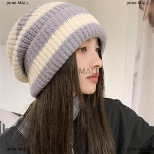 pime MALL หมวกให้ความอบอุ่นในฤดูหนาวสำหรับผู้หญิงหมวกถักแบบเรียงซ้อนแบบลำลองหมวกผู้ชายลายทางฮิปฮอปยูนิเซ็กส์บีนนี่ผู้หญิง