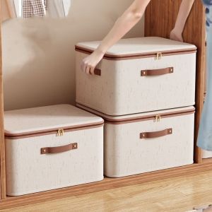 DEEPWHISPER Large Capacity Linen Zipper Storage Boxes Handheld with Lid Non-Woven Fabric Organizer Bins Multi-Purpose Foldable Clothing Storage Basket Bedroom