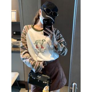 Women Color Block Stripe Raglan Sleeve T-Shirt 2026 Fall New Loose Long Sleeve Cute Dog Print Top