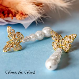 [Studs & Such] 925 Silver Captivating Butterfly Drop Earrings With Hanging Shell Pearls
