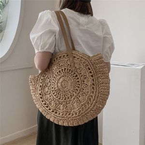 DYJKOUG Thủ công Túi đan bằng rơm Tròn Phong cách Bohemian Túi tote bằng rơm Mới Rỗng Túi đeo vai dệt Du lịch