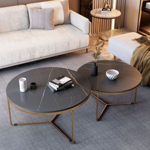Italian Style Light Luxury Stone Plate Coffee Table Simple Living Room Home Small Apartment round Tea Table Marble Coffee Table Side Table Combination