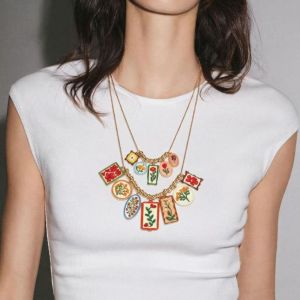 RUMI Layered Enamel Floral Necklace Gold Metal Chain Multi Layer Choker Simple Personalized Beads Clavicle Chain Women
