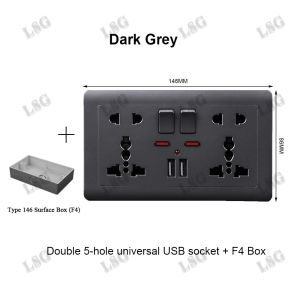 LSG Ổ cắm điện treo tường với cổng USB 2.1A sạc nhanh Ổ cắm ổ cắm cho tường với chuyển đổi 146 loại đôi 5 lỗ ổ cắm xám đậm Bảng điều khiển PC 13A 250V ổ cắm phổ thông ổ cắm cho nhà điện điểm