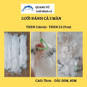 Lưới bắt cá sông 3 màn thả đánh bắt cá rô phi diếc trắm chép cao 75cm DÀI 30M 40M then 3 (6cm) then 3.5 (7cm) ở sông hồ ao suối