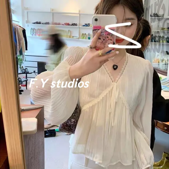 𝙁.𝙔 𝙨𝙩𝙪𝙙𝙞𝙤𝙨 🌸พร้อมส่งจากไทย🌸NO.211 เสื้อเบลาส์ คอวี แขนยาว ผ้าชีฟอง ...
