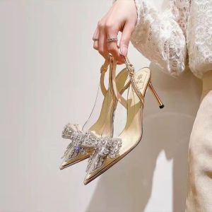 6cm/8cm | 34-39 Women`s Transparent High Heels with Diamond Bow Open Heel Stilettos