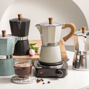 Alloet Pot Cangkir Kopi Aluminium Mocha Latte Pembuat Kopi Espresso Heater 500W EU Plug 150ml Stainless Steel WY-03E