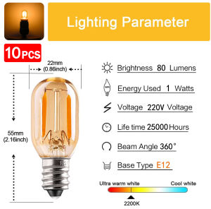 10 Packs E12/E14 Mini LED Edison Bulb Vintage 1W T22 LED Filament Light Bulb 220V Amber Glass Tube Night Bulb Warm White 90% Energy Saving Lamp Bulb