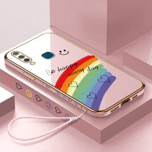 UCUC เคสโทรศัพท์เคสสำหรับ Vivo Y12 Vivo Y15 Vivo Y17 1902 Vivoy12 Vivoy15 Vivoy17เคสมือถือ เคสโทรศัพท์ เคสสาวฟรี Lanyard + รอยยิ้มสายรุ้ง Lover Heart Square รูปแบบขอบชุบโทรศัพท์เปลือกหอยนุ่ม