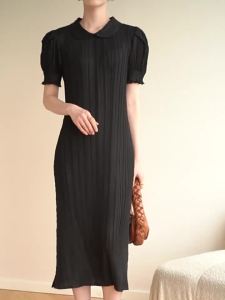 2972 Summer Doll Neck Pleated Bubble Sleeve Miyake Style A-Line Slimming Dress One Size (45-75kg)