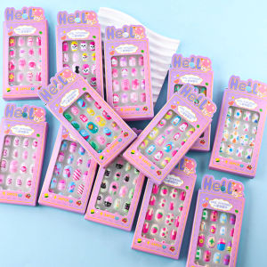 ZEEMIN 24Pcs/box Kids nails for Girl Cartoon Pattern False Nail Cute Child Fake Nails Tips Kawaii Acrylic Artificial Press on Nail+Tool