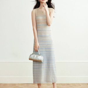 Missulu Fashion Womens Knit Skirt Flower Dress 2025 Summer new Elastic High Waist Elegant Shirt Dress Gradient Knitted Skirt Womens French Hollow Sleeveless Bright Silk Striped Tank Top Dress