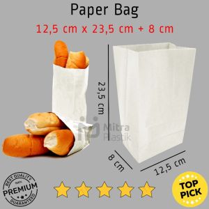 Paper Bag 235 x 125 + 8 Putih Kantong Kertas SOS Polos Bungkus Roti Donat Gorengan Kentang Ecer