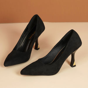 [Free Shipping] New Black Suede High-Heeled Shoes For Women Pointed Toe Shallow Mouth Stiletto Heel Suitable For Office Business And Formal Occasions