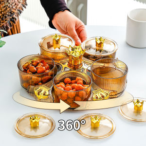 Khay Đựng Mứt Tết 5 Hũ Tròn Xoay 360 Độ Chất Liệu Nhựa Thủy Tinh Cao Cấp An Toàn Sức Khỏe Hũ Đựng Bánh Kẹo，Có nắp đậy vương miện  chống bụi
