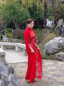 8839 New Large Size Long Red Cheongsam Dress R Double-Layer Dance Costume Wedding Dinner Dress
