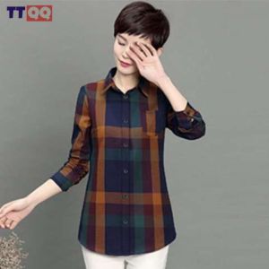 TTQQ Pure Cotton Plaid Polo Shirt for Women Long-sleeved Shirt Jacket