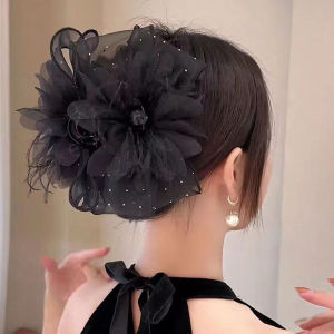 Salime Mesh Lace Black Feather Ribbon Bow Hair Claws Hairpin Big Ponytail Holder Hair Clips Hair Accessories For Women
