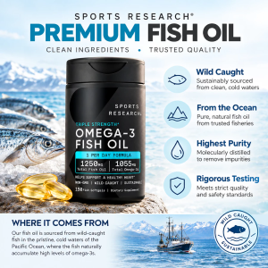 Sports Research Triple Strength 1250mg Omega-3 Fish Oil 150 Fish Softgels from Wild Alaska Pollock