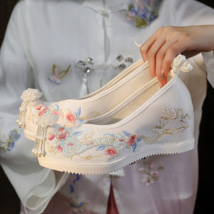 Free Shipping [Runyi] Spring New Collection: Pearl-Embellished Height-Increasing Pointed-Toe Canvas Shoes Traditional Embroidered Shoes Ethnic-Style Hanfu Shoes
