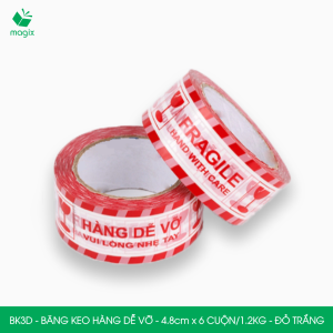 BK3D - Băng keo HÀNG DỄ VỠ khổ 4.8 cm - Đỏ trắng - Combo 3 cuộn băng keo đóng thùng hộp carton