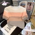 Ice Silk Top Women's Fashion Color Blocked Thin Knit Sweater for Commuting. 