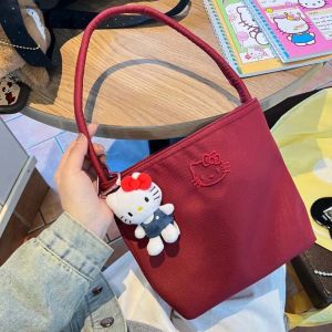 SOTOP โพลีเอสเตอร์ กระเป๋าถังแมว KT จุได้มาก งานปัก ถุงใต้วงแขนคิตตี้ไนล่อน เหมาะกับการแต่งตัวทุกสไตล์ หัวเข็มขัดแม่เหล็กแม่เหล็ก กระเป๋าถือสีทึบ สำหรับผู้หญิง