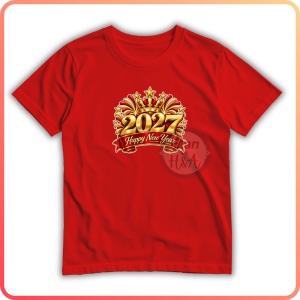 New Year 2027 Lucky Color LUMINOUS BLUE T-Shirts with "HAPPY NEW YEAR Gold and Red" Design Casual Wear for Family Christmas | Reunion Outfit
