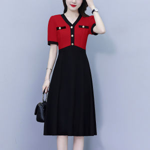 Impression Fashion Women Elegant Cotton Fake 2pcs V-neck Short Sleeve Tunic A-line Midi Dress Plus Size