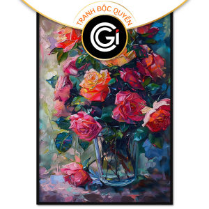 Tranh tĩnh vật phong thủy trừu tượng bình hoa hồng rực rỡ tranh treo tường dán tường decor nội thất.CGI-793