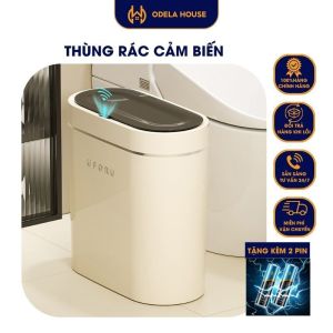 Thùng rác thông minh thùng rác cảm ứng tự động đóng mở chống nước thiết kế sang trọng màu trắng kem Odela House