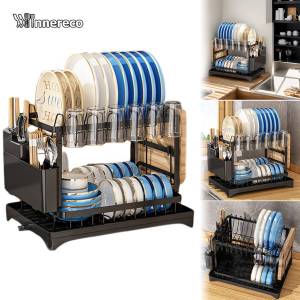 Heavy Duty 2 Tiers Dish Rack with Drainer Plates Organizer Rack Dishes Draining Rack Kitchen Racks Organizer Stainless Steel & Plastic Foldable Dish Rack‌ - for Plates Bowls Utensils Rust resistant and scratch resistant