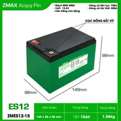 Bình Acquy Pin LFP 12V 15Ah ZMES12-15 có dòng xả liên tục 150A và dòng xả tức thời 500A cùng cân bằng chủ động được dùng Cho Bộ Lưu Điện UPS Xe Đạp Điện