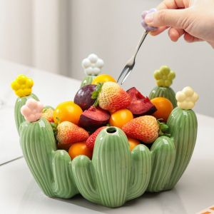 BLACKON Creative Design Cactus Fruit Bowl Nordic Style Stainless Steel Forks Fruit Basin Fork Set Exquisite Reusable Dessert Storage Tray Home Room