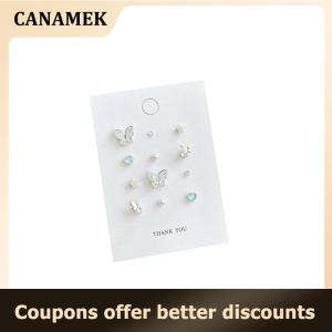 【 CANAMEK 】 Sweet Butterfly Opal Heart Stud Earrings Set For Women Girls Exquisite Butterfly Geometry Love Pearl Stud Earrings Jewelry Gifts